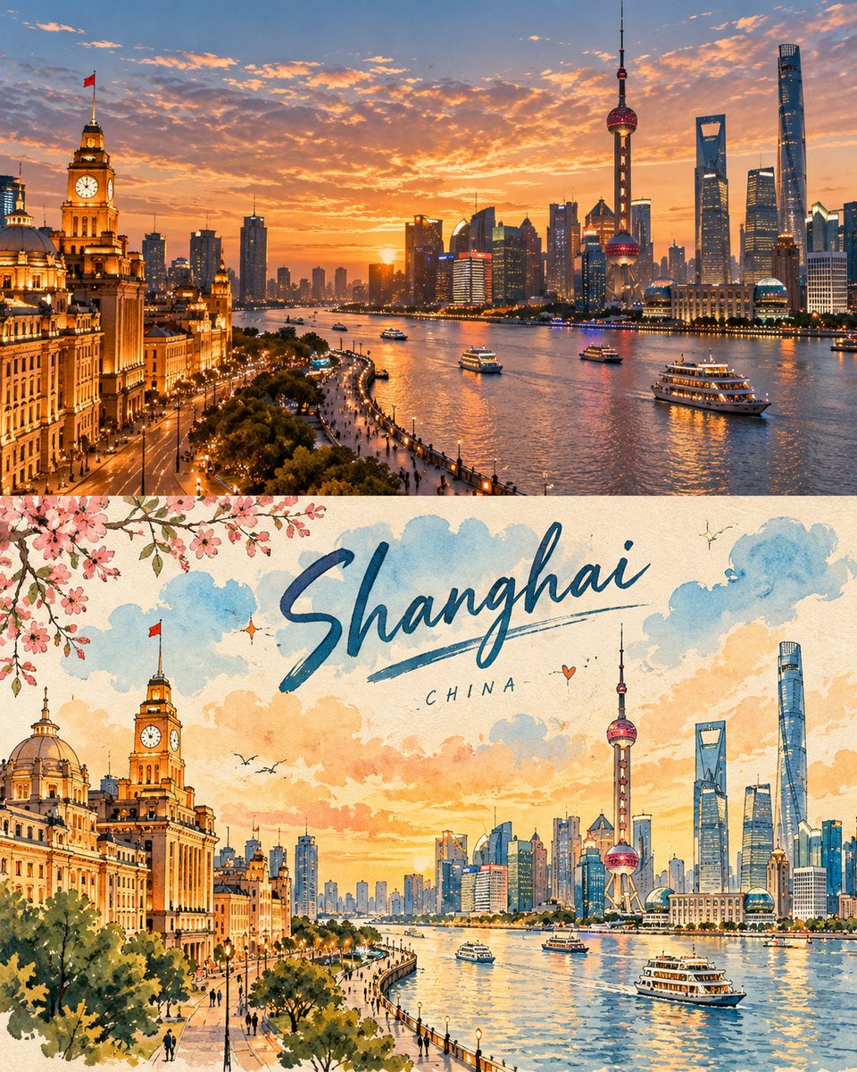 Vintage Travel Poster Splits Realistic Scene Into Painted Illustration
