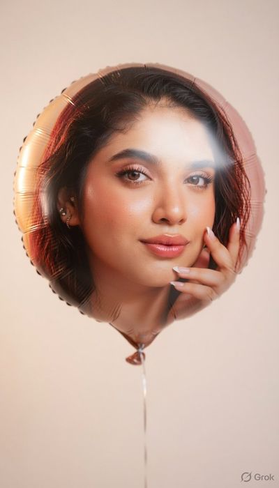 Surreal Helium Portrait: Woman Transformed Into Glossy Floating Balloon