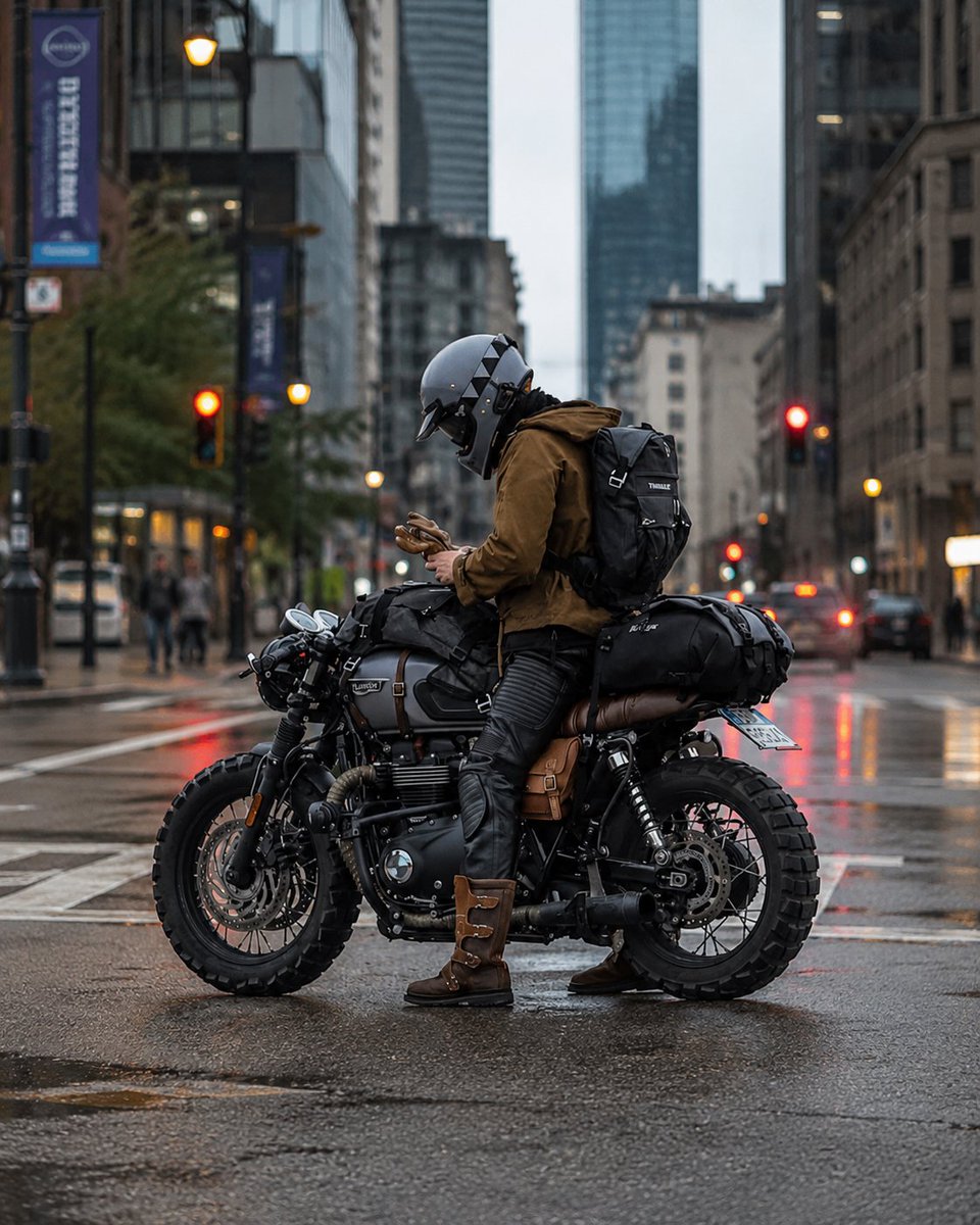 A lone traveler rests on a scrambler after rain in a neon-lit city.