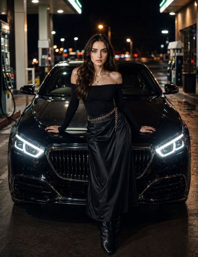 Confident woman in black poses by luxury sedan at night
