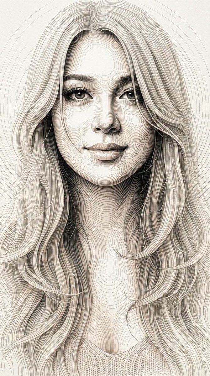 Ethereal face sculpted from flowing concentric contour lines