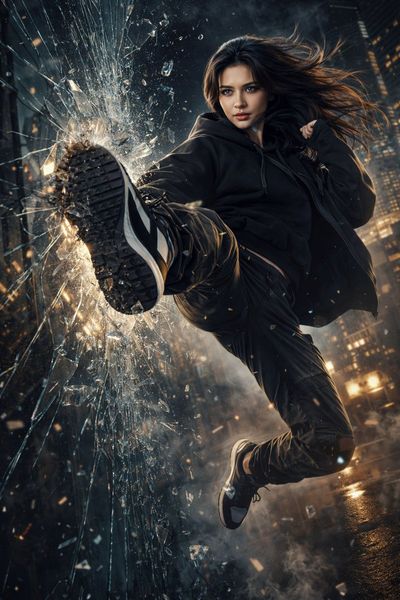 A woman performs a dynamic flying kick through shattered glass