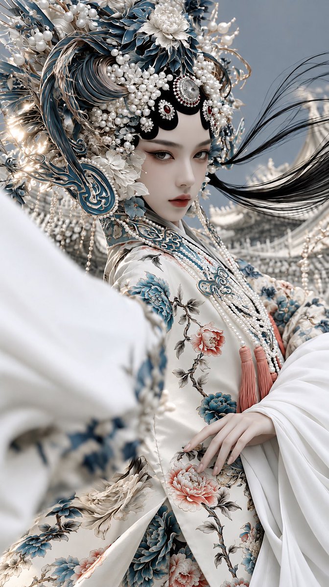 Ethereal Opera Goddess Adorned in Monumental Phoenix Crown and Silk