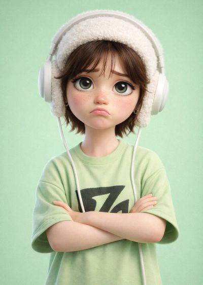 3D Cartoon Character with Expressive Eyes in Soft Pastel Setting