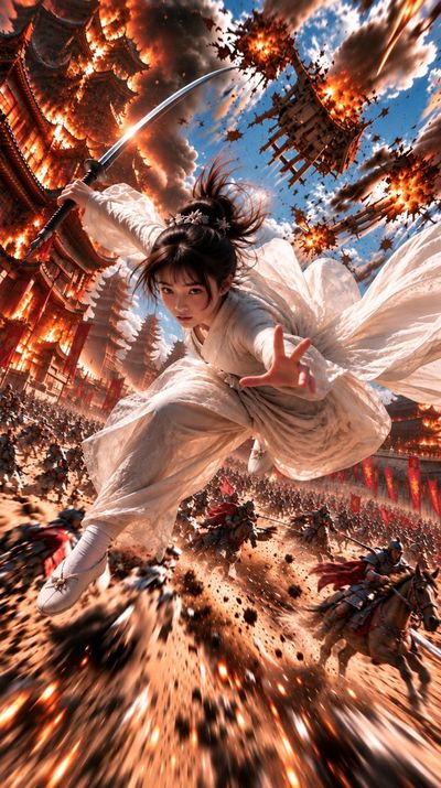 Swordswoman Soars Above Burning Battlefield in Epic Wuxia Leap