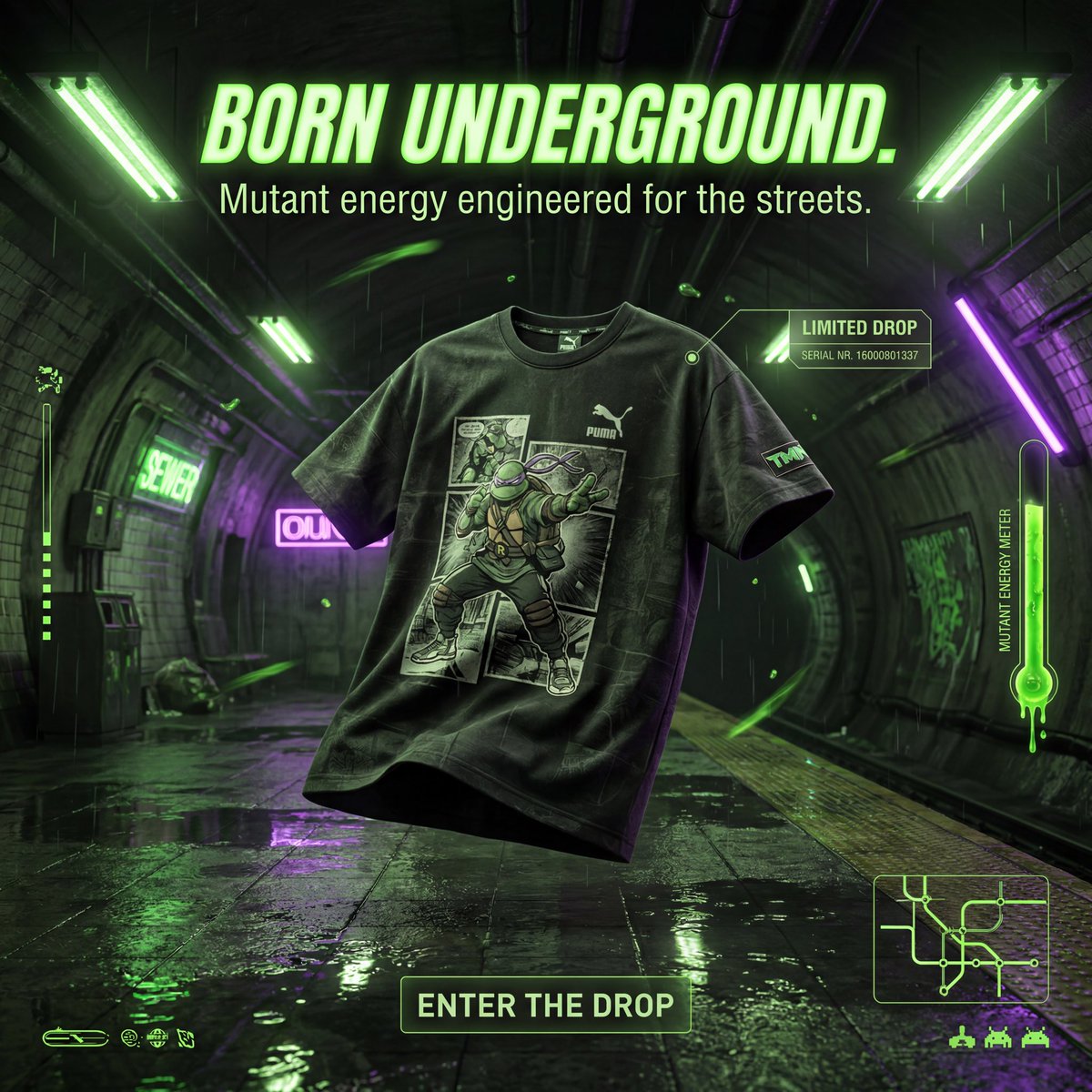 A mutant green glow illuminates a rain-soaked subway platform
