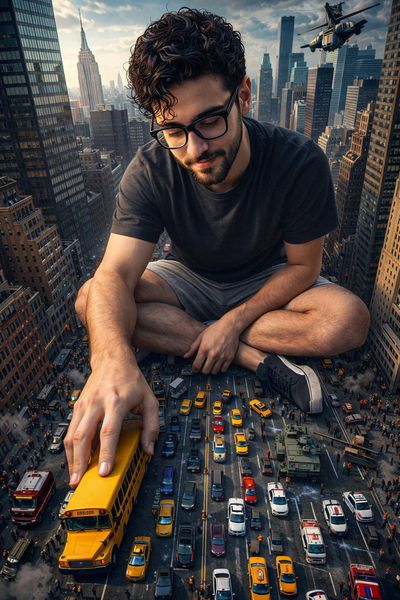 Giant Child Amidst Urban Chaos: A Hyper-Realistic Cityscape