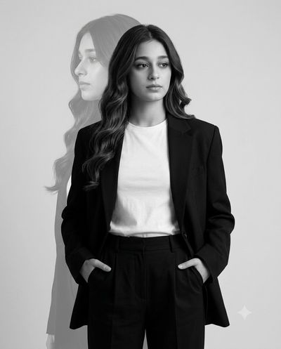A thoughtful woman in a blazer stands in a ghosted profile portrait.