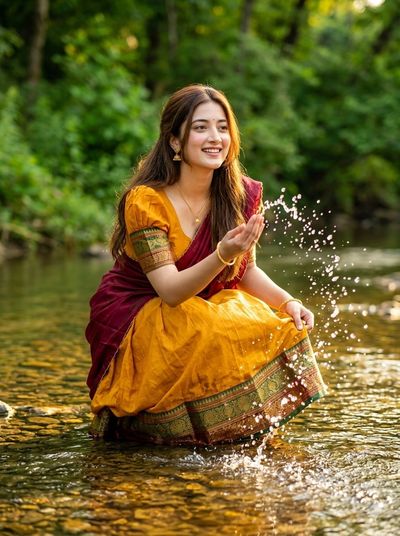Joyful woman splashes in golden forest river at sunset