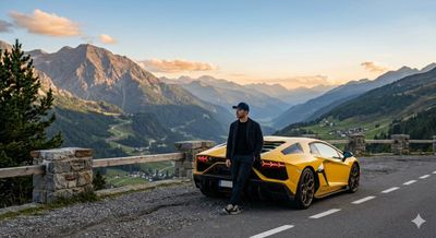 Golden Hour Luxury: Lamborghini in Alpine Serenity