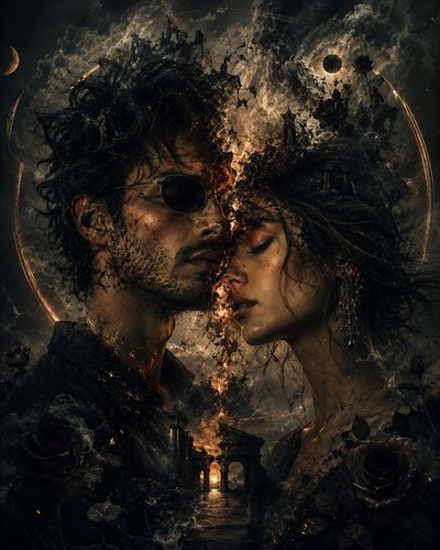 A couple dissolves into smoke and embers in a fiery dark room