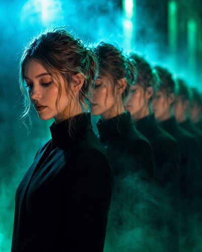 Cinematic Portrait of a Woman Among Identical Clones in Fog