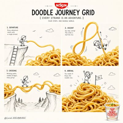 Noodle loops become playful bridges in a whimsical journey grid.