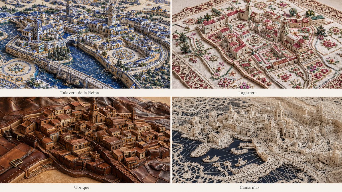 A miniature atlas-map built from woven fibers and ceramic tiles