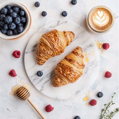 Fresh croissants and berries rest on marble in soft morning light