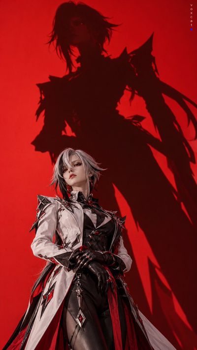 Cosplayer stands before giant shadow in minimalist fashion poster