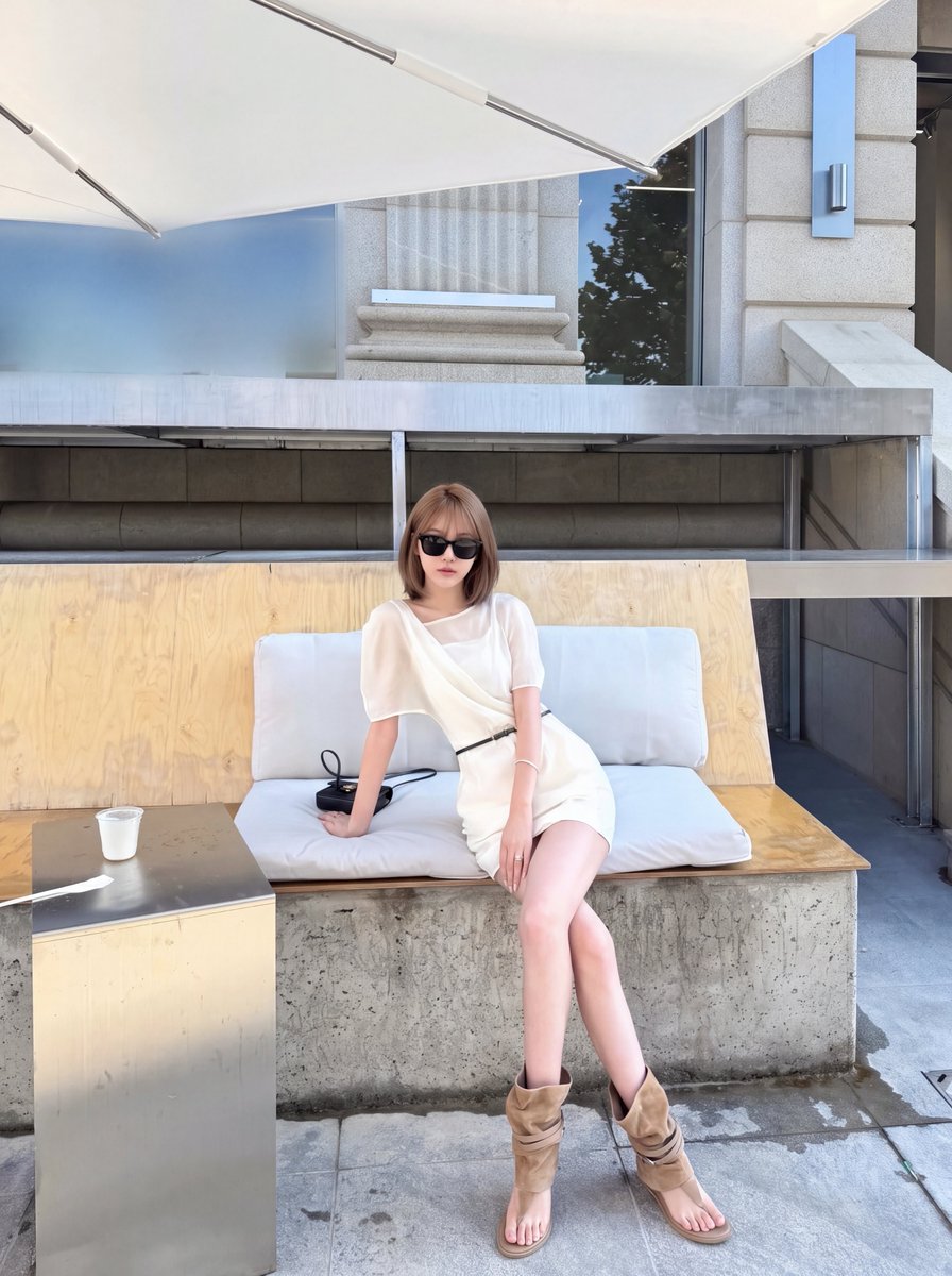 Tan Suede Boots Ground a Draped White Dress on a Sunny Terrace