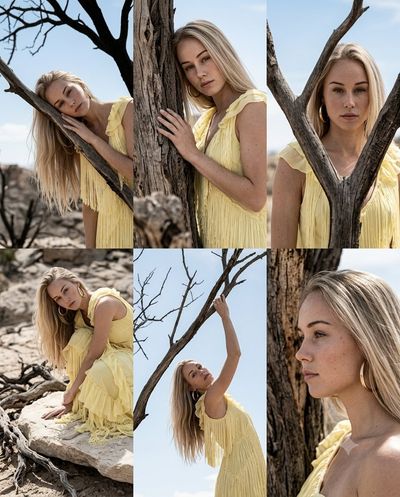 Blonde woman in yellow gown stands among twisted desert branches