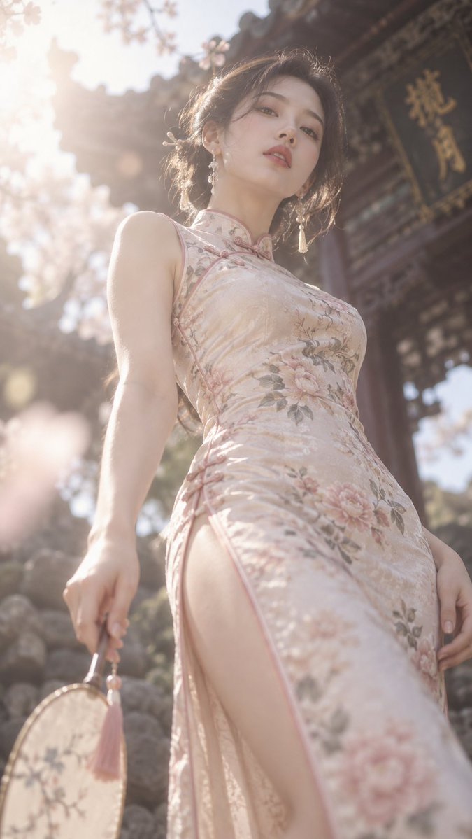 Slender Model in Qipao Glows Under Soft Dreamy Light