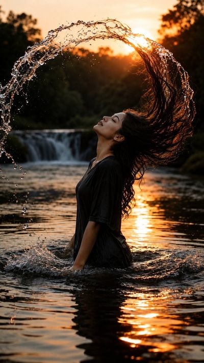 Woman flips her wet hair in golden sunset river light