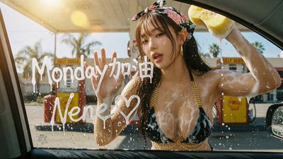 Sunlit K-pop Maid at Vintage Gas Station
