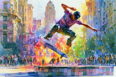 A street dancer leaps amid neon watercolor splashes in city rain