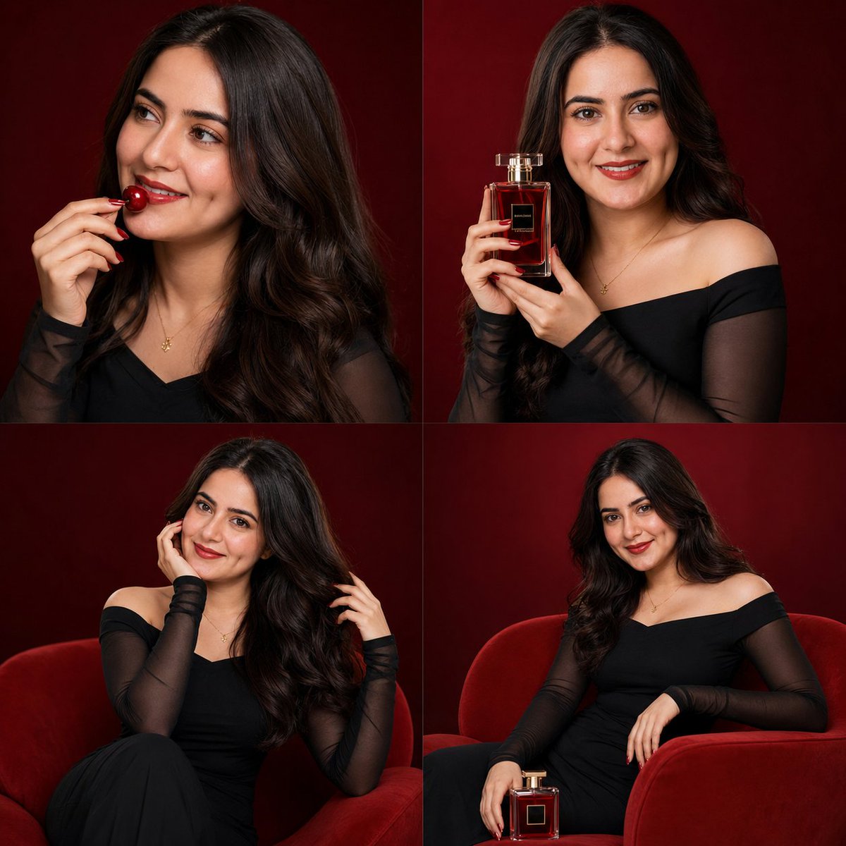 Luxury beauty campaign features a woman with red cherry in studio