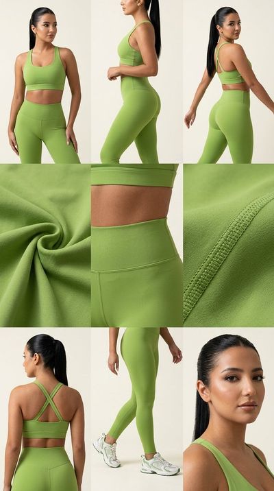 A fit model poses confidently in a green luxury activewear set.