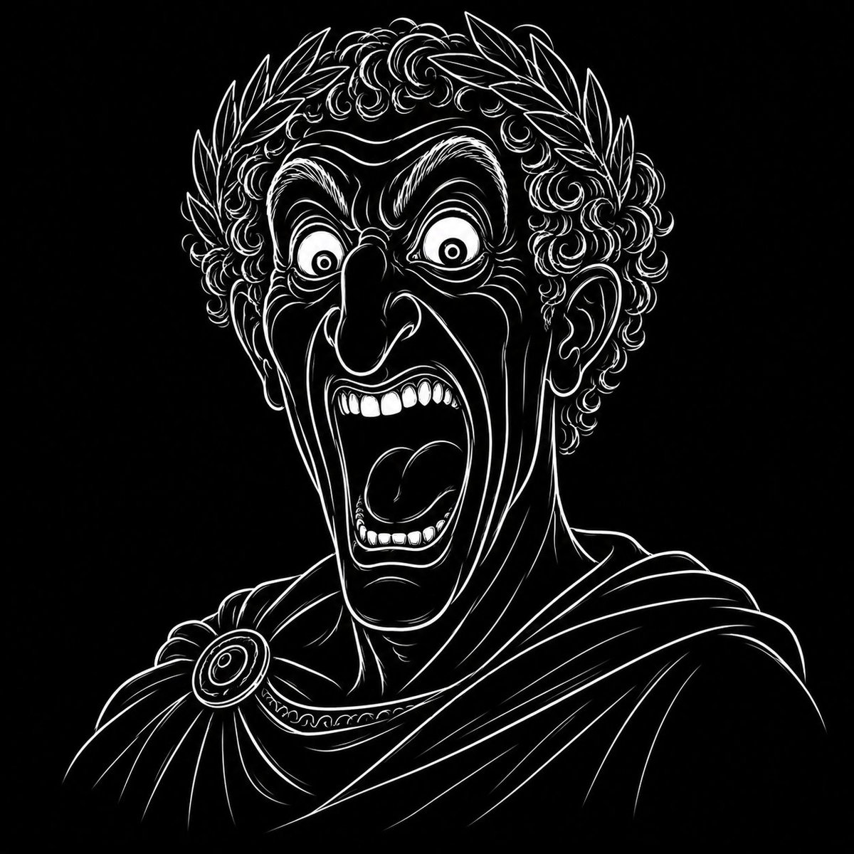 Bold white caricature lines capture a lively expression on black