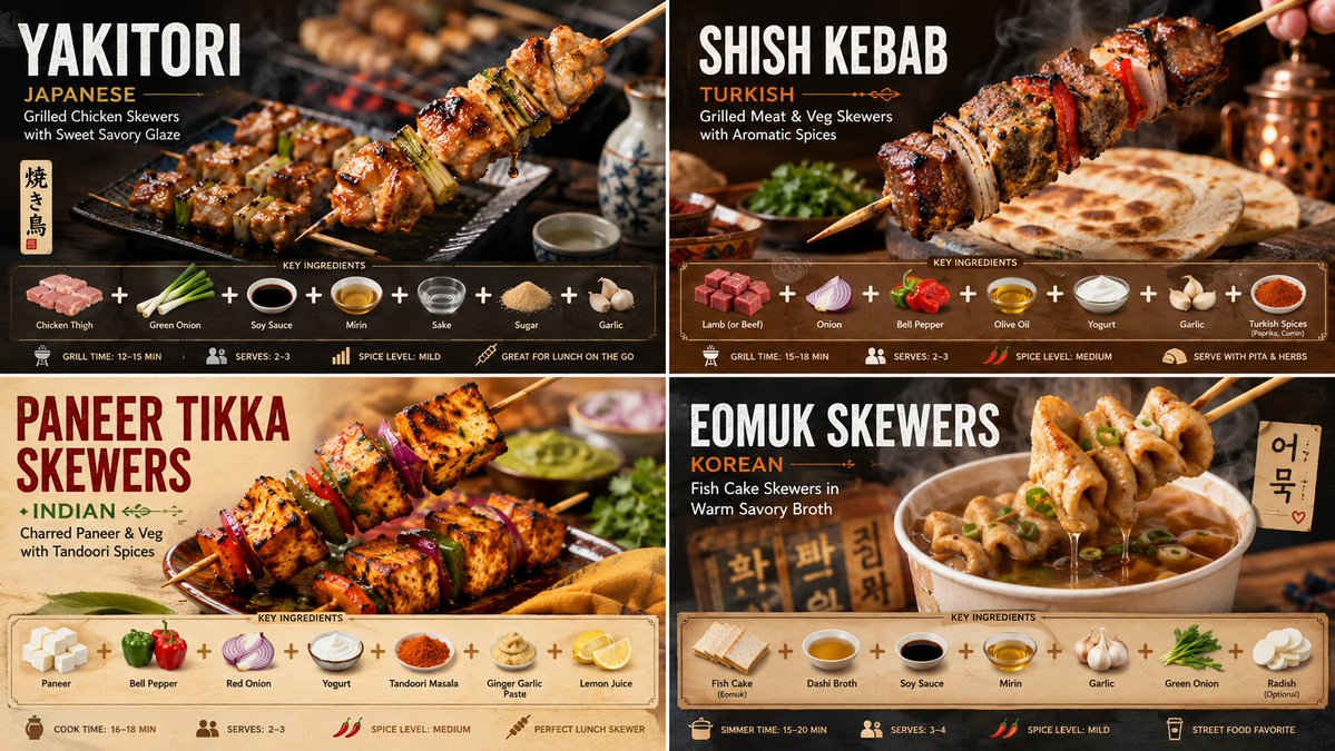 A 2x2 grid of four stick foods from worldwide cuisines