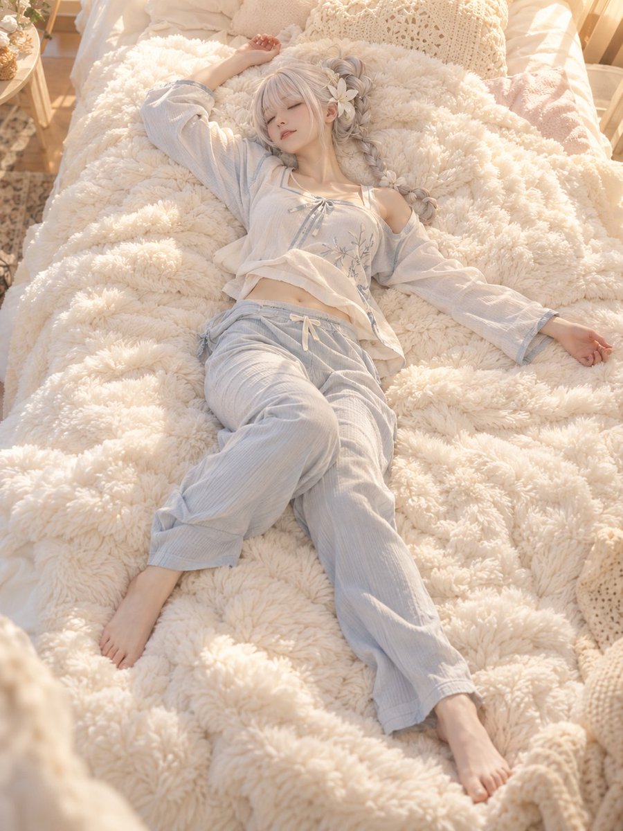 An adult woman lies on a cream blanket in soft morning light