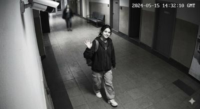 Teenage girl smiles and waves at a security camera in a hallway