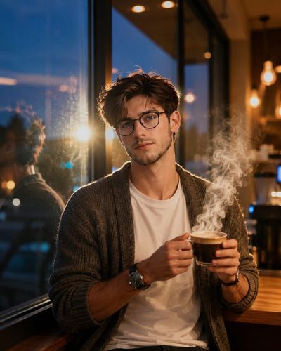 A young man enjoys coffee by a window during blue hour