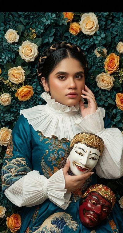A woman with a mask lies in a bed of roses