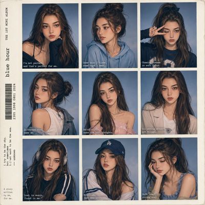 Nine faces of a K-pop idol in soft blue studio light
