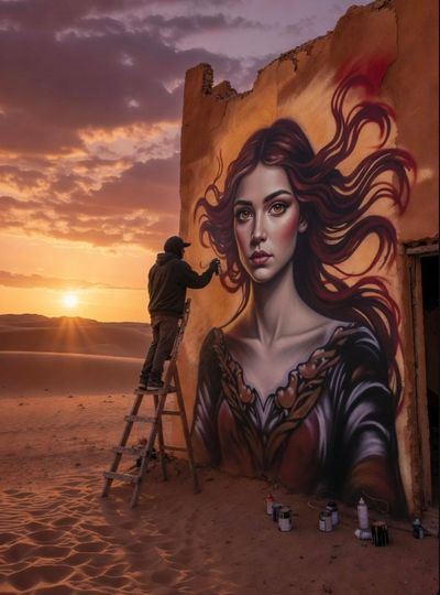 Graffiti artist on ladder completes desert mural of a fiery woman