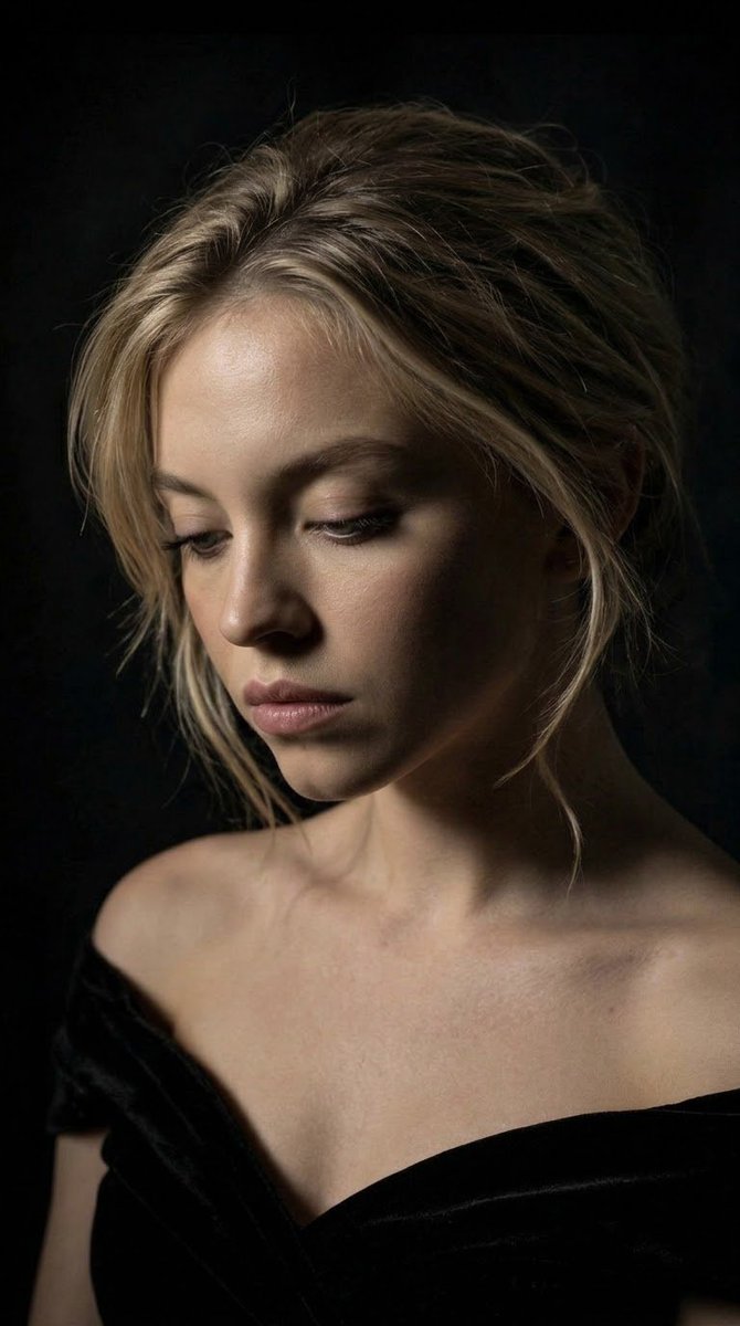 Young blonde woman in velvet gown gazes downward in moody studio portrait