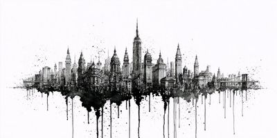 Ink sketch of a city skyline dissolving into watercolor pools