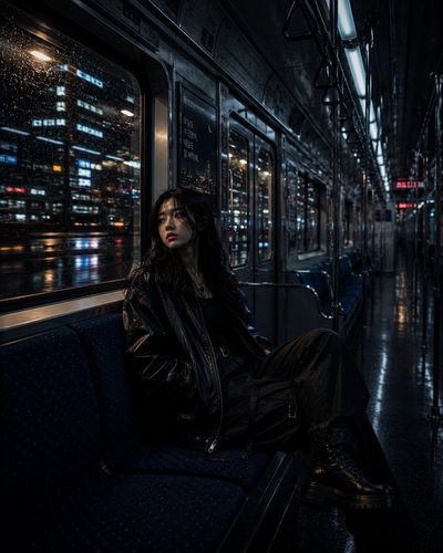 A stylish woman sits alone on a midnight subway train