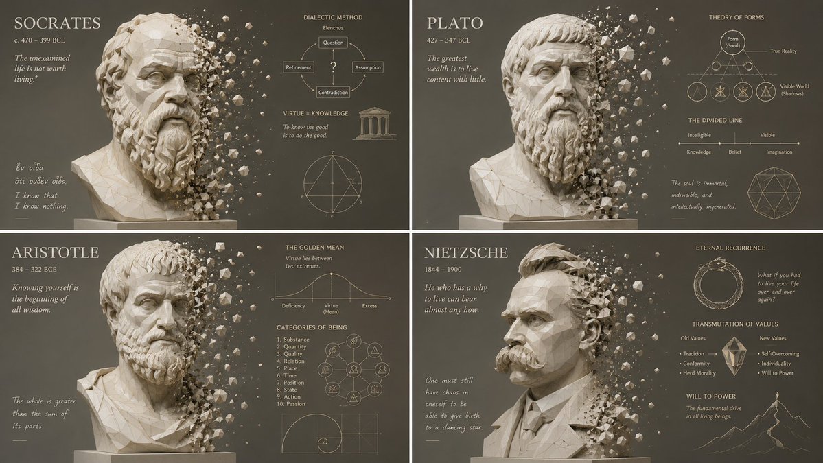 A white low-poly bust disperses into knowledge particles on panels