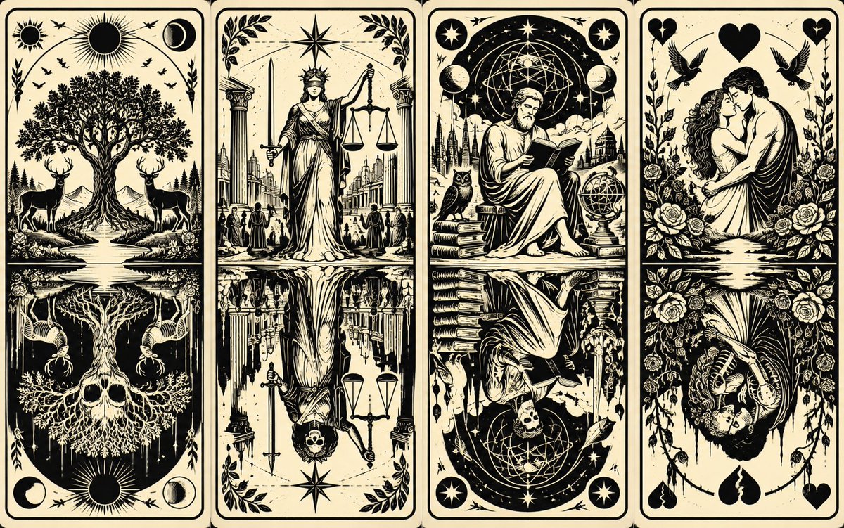 Symmetrical woodcut splits light and dark divine realms.