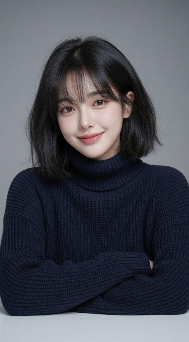 East Asian woman in navy turtleneck rests head on hand