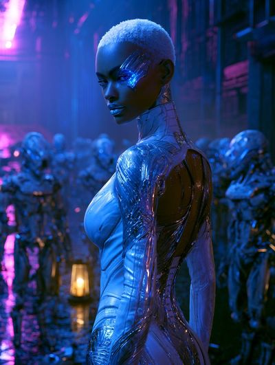 A chrome-era femme fatale disables security drones in a blue-lit corridor