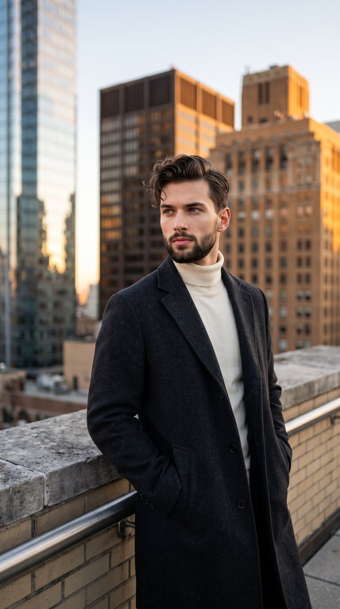Confident male model gazes over rooftop at golden hour