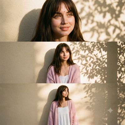 Golden sun rays cast leaf shadows on a woman in pastel knit