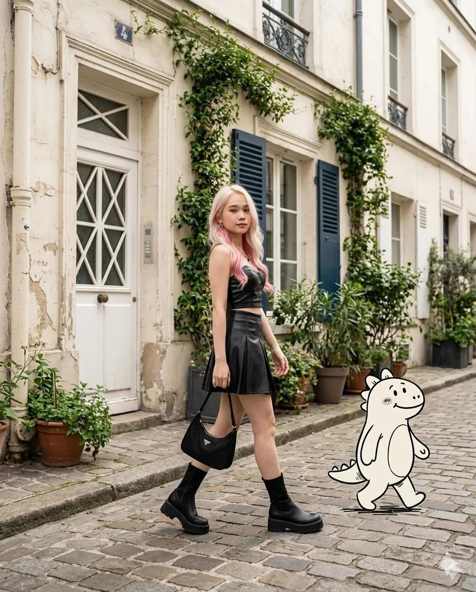 A woman with pastel pink hair walks with a cartoon dinosaur companion