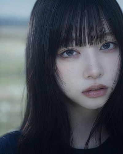 A melancholic woman with blue eyes gazes through soft bokeh light.