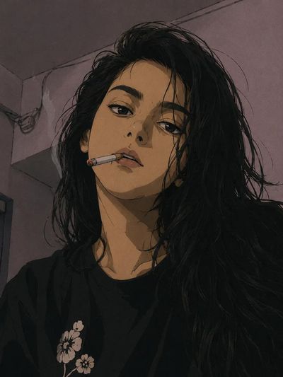 Rebellious anime woman glares through cigarette smoke in muted tones