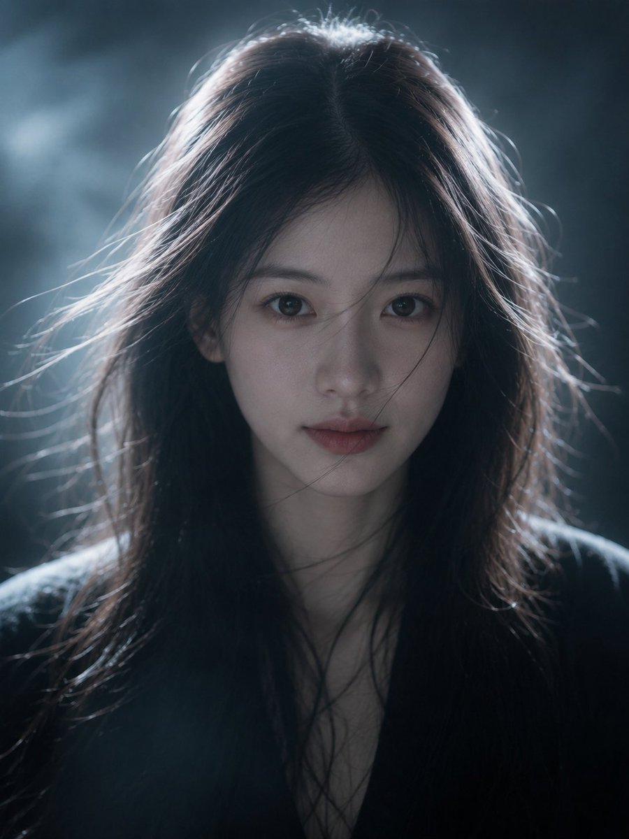 Cold blue-gray light shapes my intense calm gaze in portrait