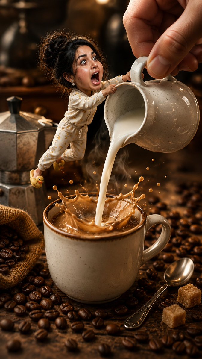 Tiny woman clings to milk pitcher pour in café scene
